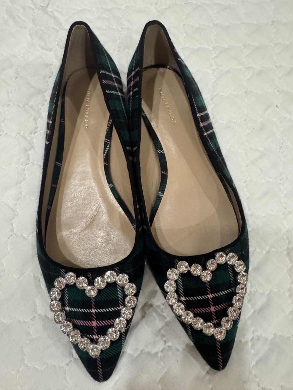 Ann Taylor Green Plaid Pointed Flats with Crystal Heart Accent